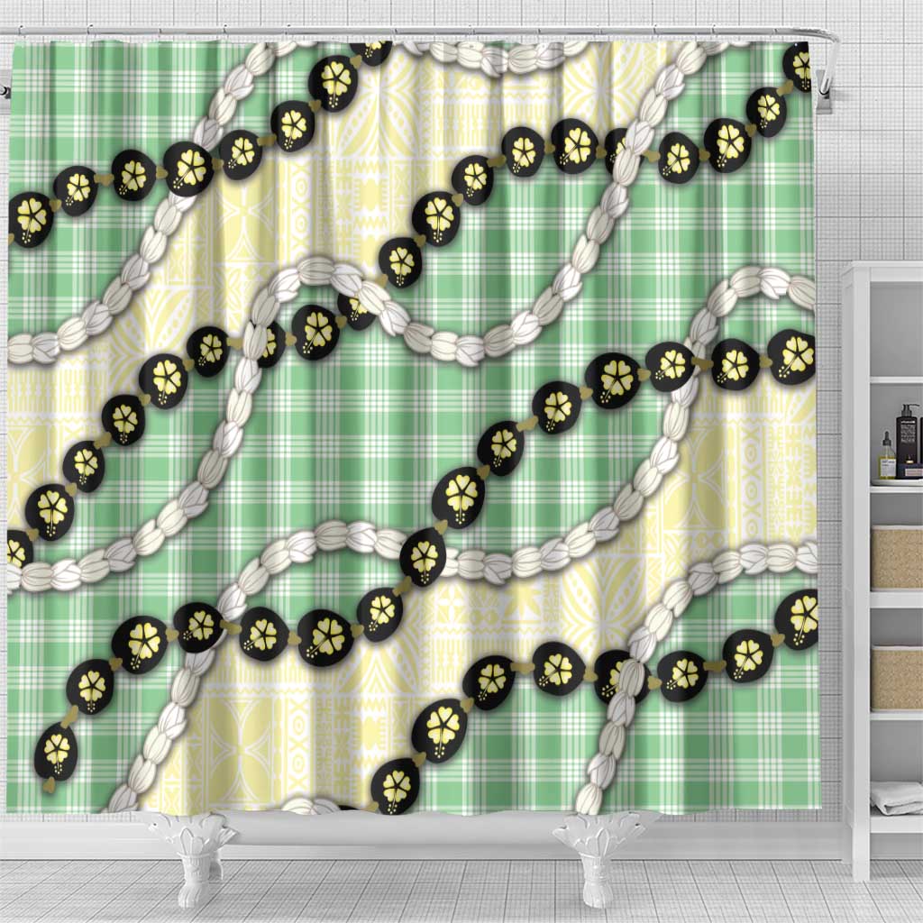 Green Palaka Hawaii Shower Curtain Kukui Nut Pikake Lei Hawaiian Tapa Pattern - Polynesian Pride
