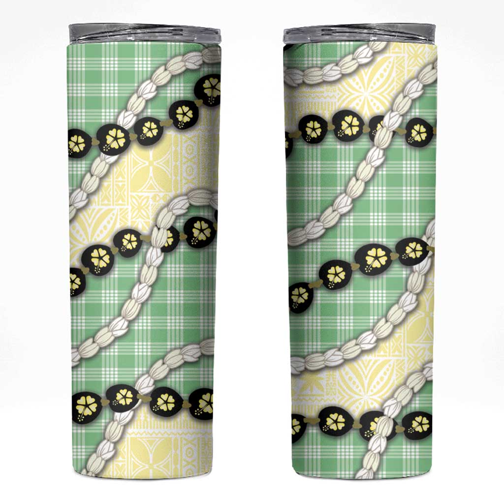 Green Palaka Hawaii Skinny Tumbler Kukui Nut Pikake Lei Hawaiian Tapa Pattern - Polynesian Pride