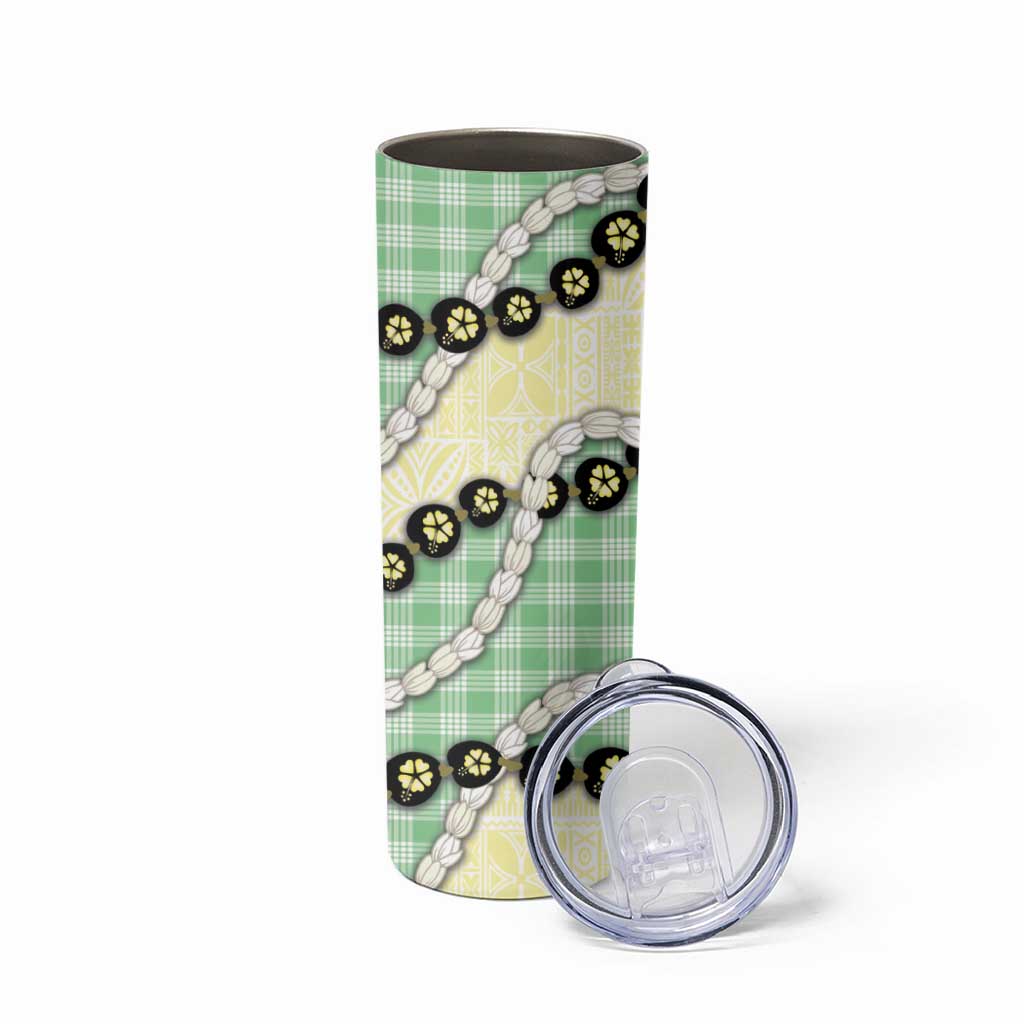 Green Palaka Hawaii Skinny Tumbler Kukui Nut Pikake Lei Hawaiian Tapa Pattern - Polynesian Pride