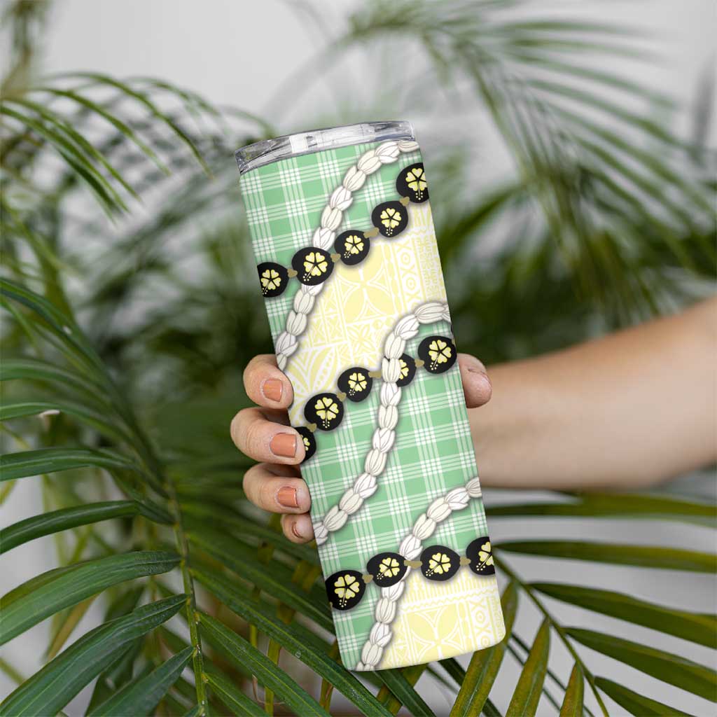 Green Palaka Hawaii Skinny Tumbler Kukui Nut Pikake Lei Hawaiian Tapa Pattern - Polynesian Pride
