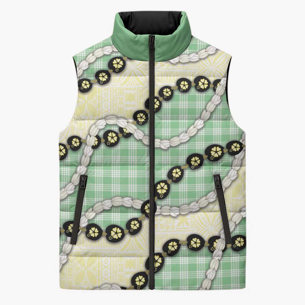 Green Palaka Hawaii Sleeveless Puffer Jacket Kukui Nut Pikake Lei Hawaiian Tapa Pattern - Polynesian Pride