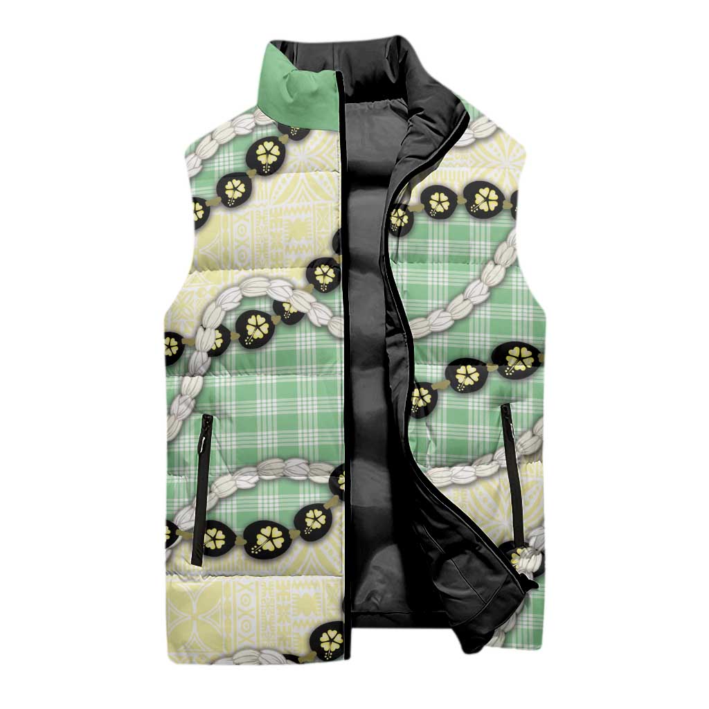 Green Palaka Hawaii Sleeveless Puffer Jacket Kukui Nut Pikake Lei Hawaiian Tapa Pattern - Polynesian Pride