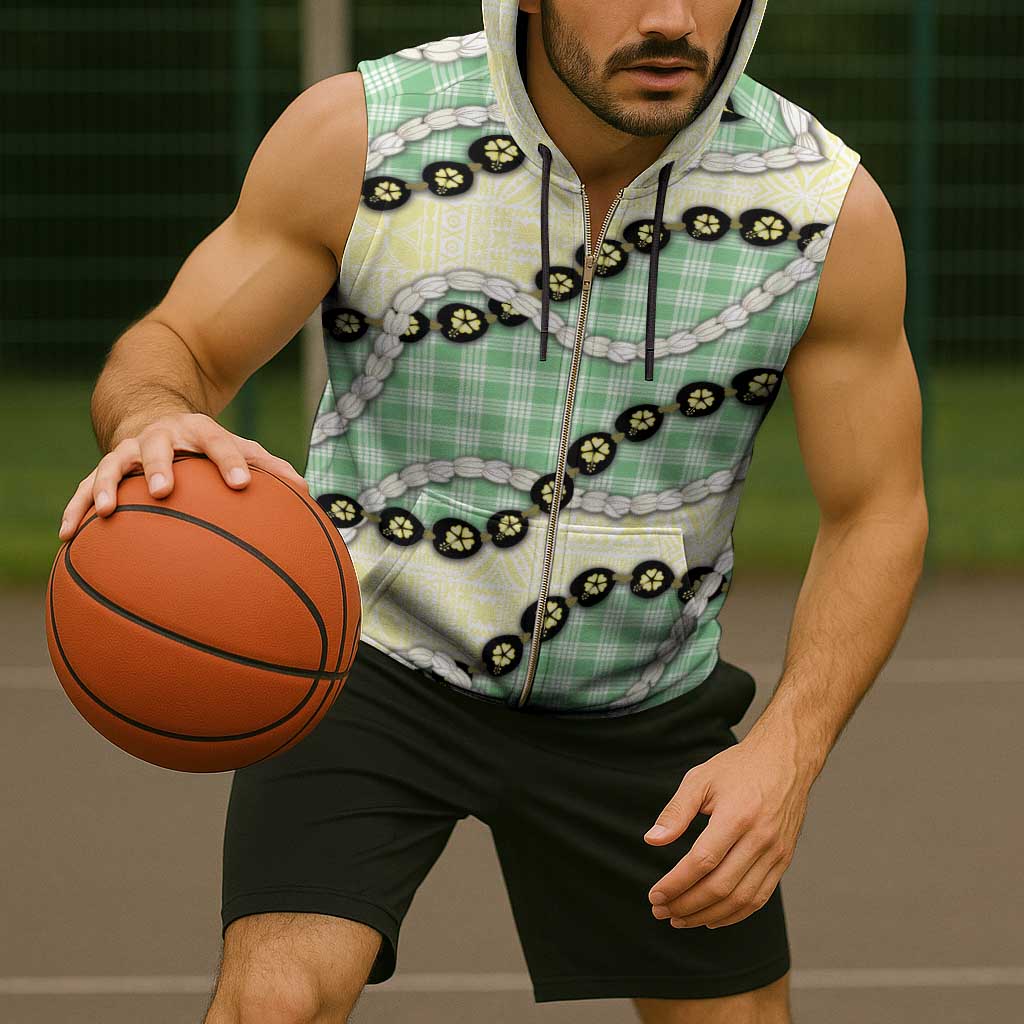 Green Palaka Hawaii Sleeveless Zip Hoodie Kukui Nut Pikake Lei Hawaiian Tapa Pattern - Polynesian Pride