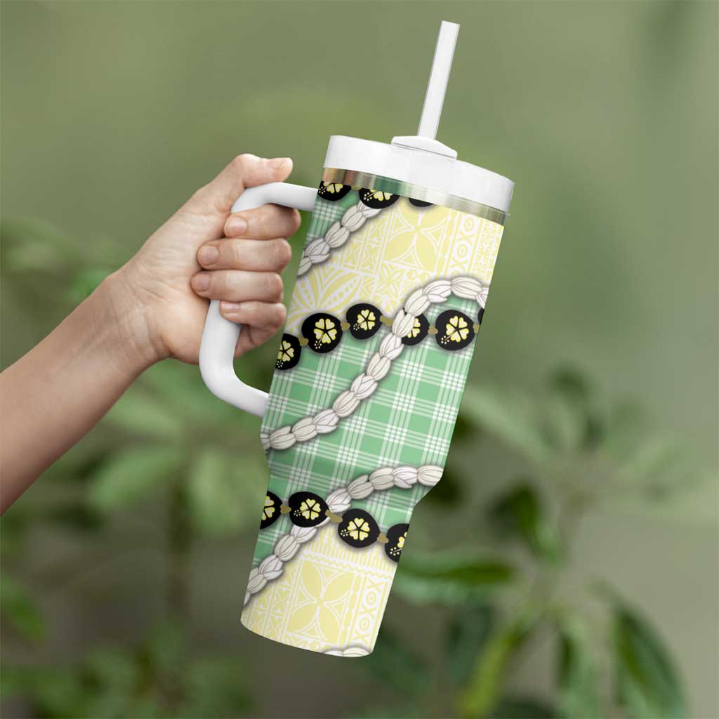 Green Palaka Hawaii Tumbler With Handle Kukui Nut Pikake Lei Hawaiian Tapa Pattern - Polynesian Pride