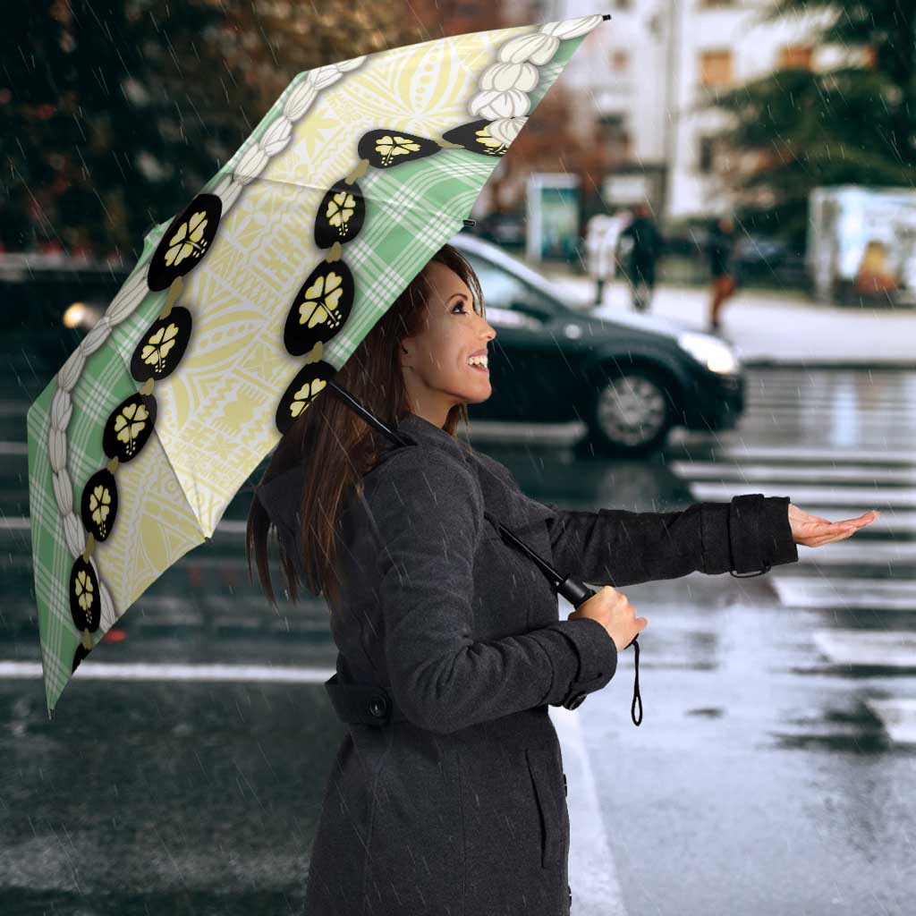 Green Palaka Hawaii Umbrella Kukui Nut Pikake Lei Hawaiian Tapa Pattern - Polynesian Pride