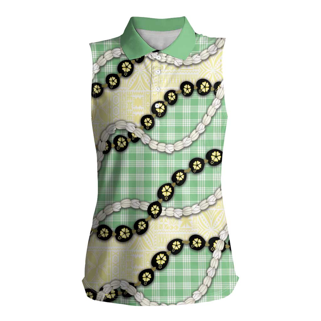 Green Palaka Hawaii Women Sleeveless Polo Shirt Kukui Nut Pikake Lei Hawaiian Tapa Pattern - Polynesian Pride