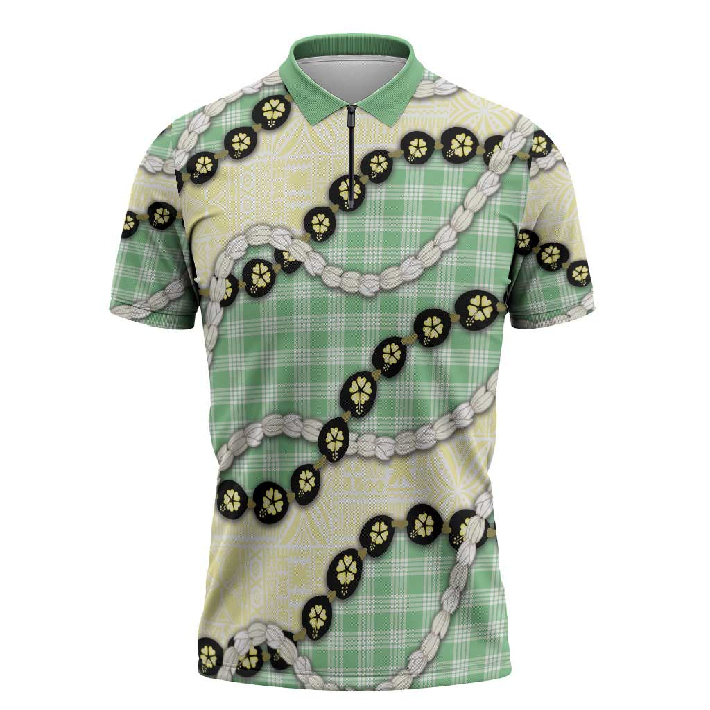 Green Palaka Hawaii Zipper Polo Shirt Kukui Nut Pikake Lei Hawaiian Tapa Pattern - Polynesian Pride