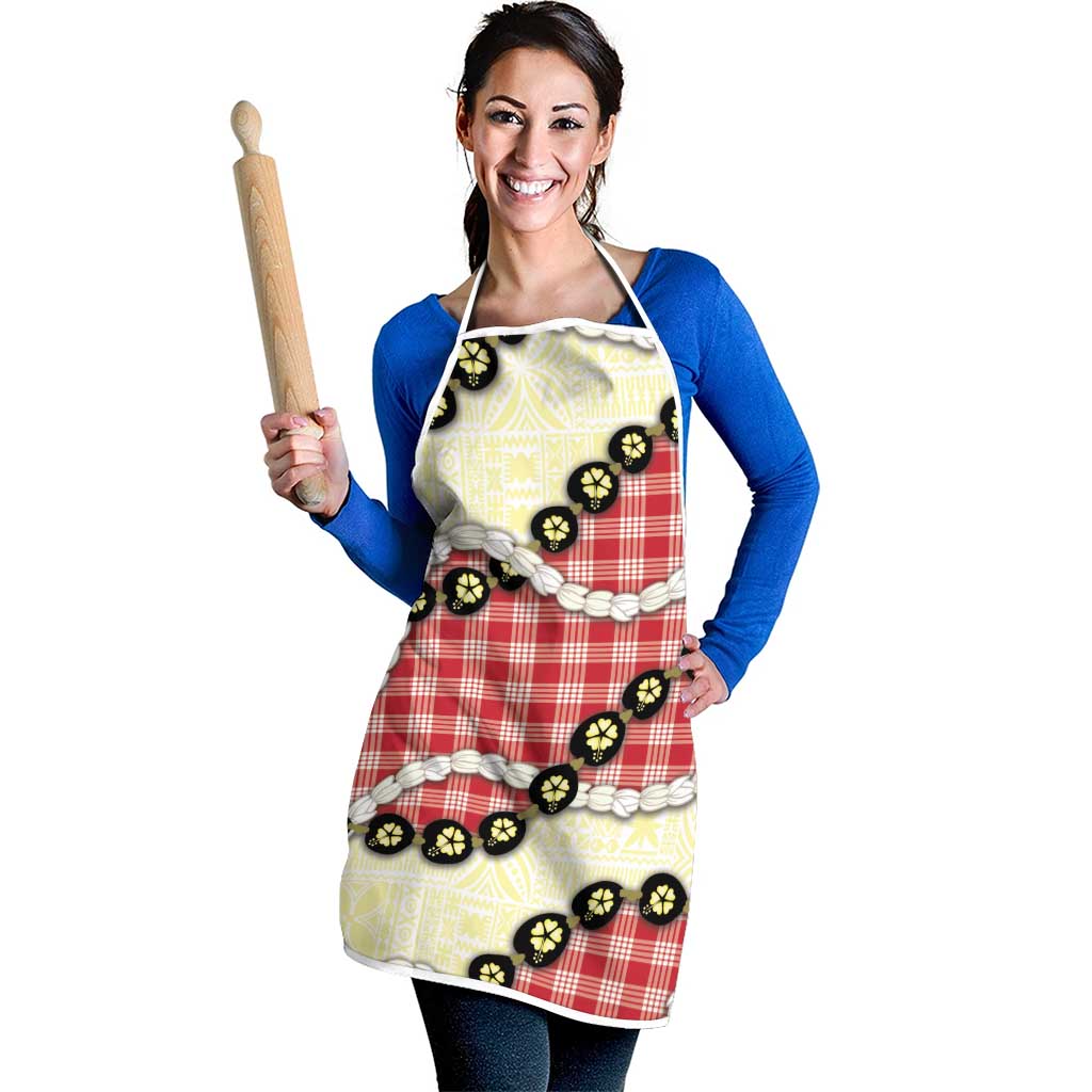 Red Palaka Hawaii Apron Kukui Nut Pikake Lei Hawaiian Tapa Pattern - Polynesian Pride