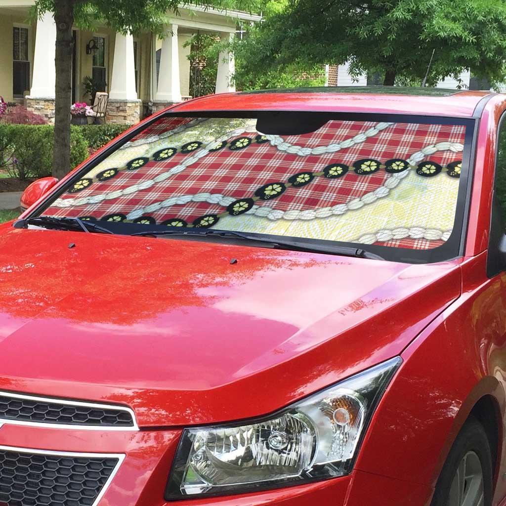 Red Palaka Hawaii Auto Sun Shade Kukui Nut Pikake Lei Hawaiian Tapa Pattern - Polynesian Pride