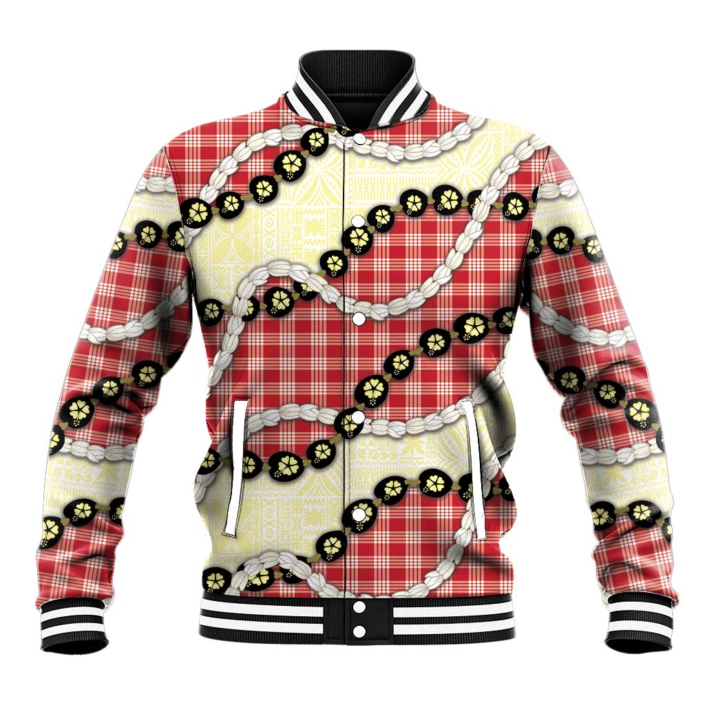 Red Palaka Hawaii Baseball Jacket Kukui Nut Pikake Lei Hawaiian Tapa Pattern - Polynesian Pride