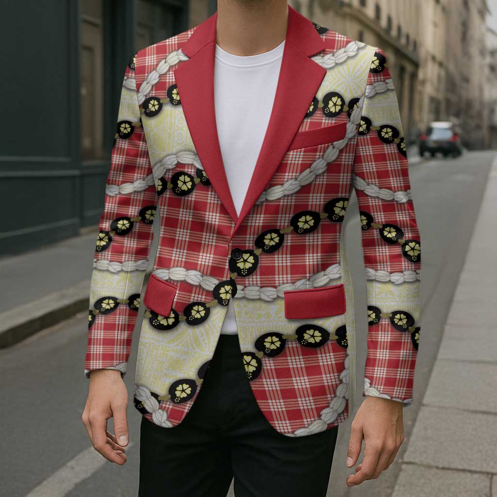 Red Palaka Hawaii Blazer Kukui Nut Pikake Lei Hawaiian Tapa Pattern - Polynesian Pride