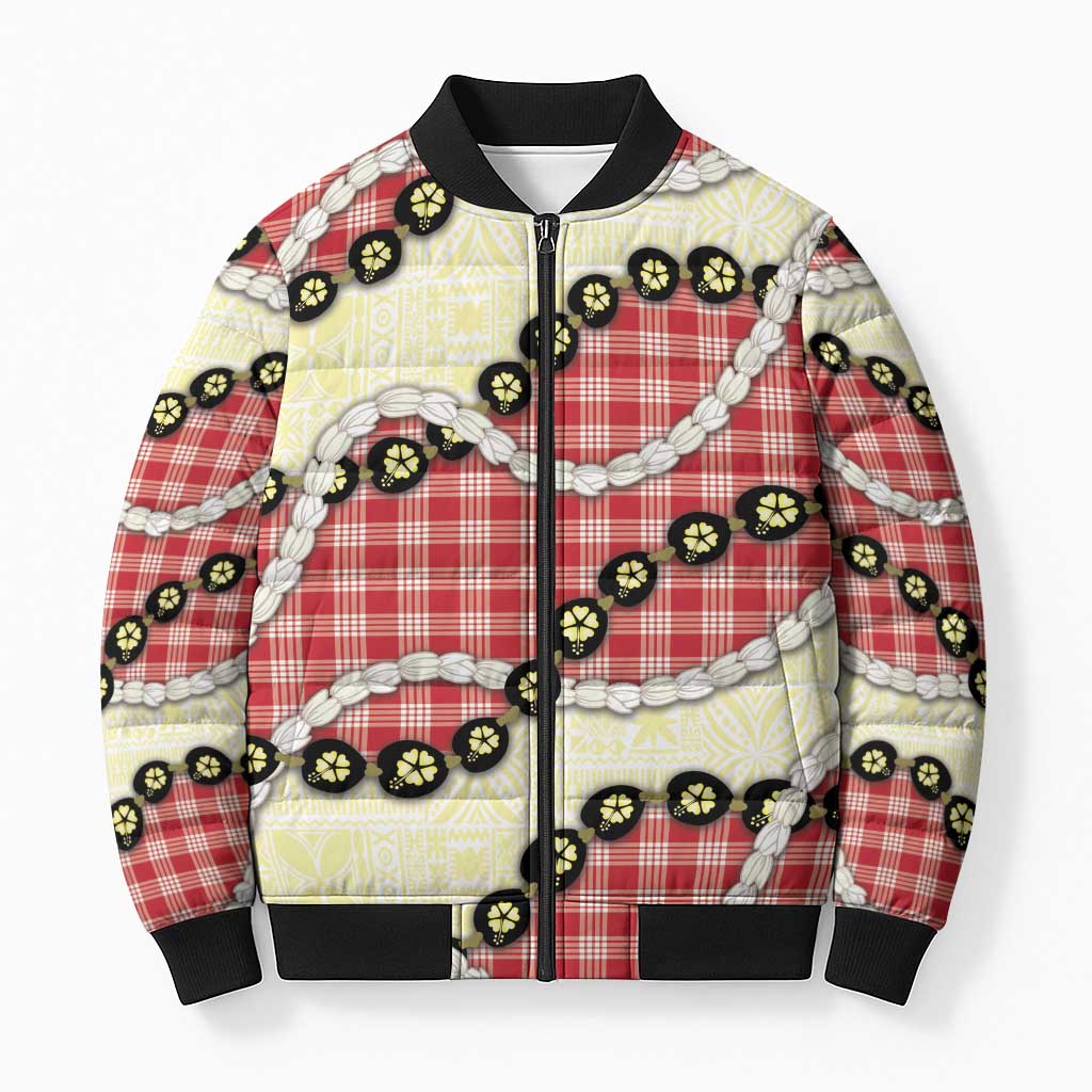 Red Palaka Hawaii Bomber Puffer Jacket Kukui Nut Pikake Lei Hawaiian Tapa Pattern - Polynesian Pride