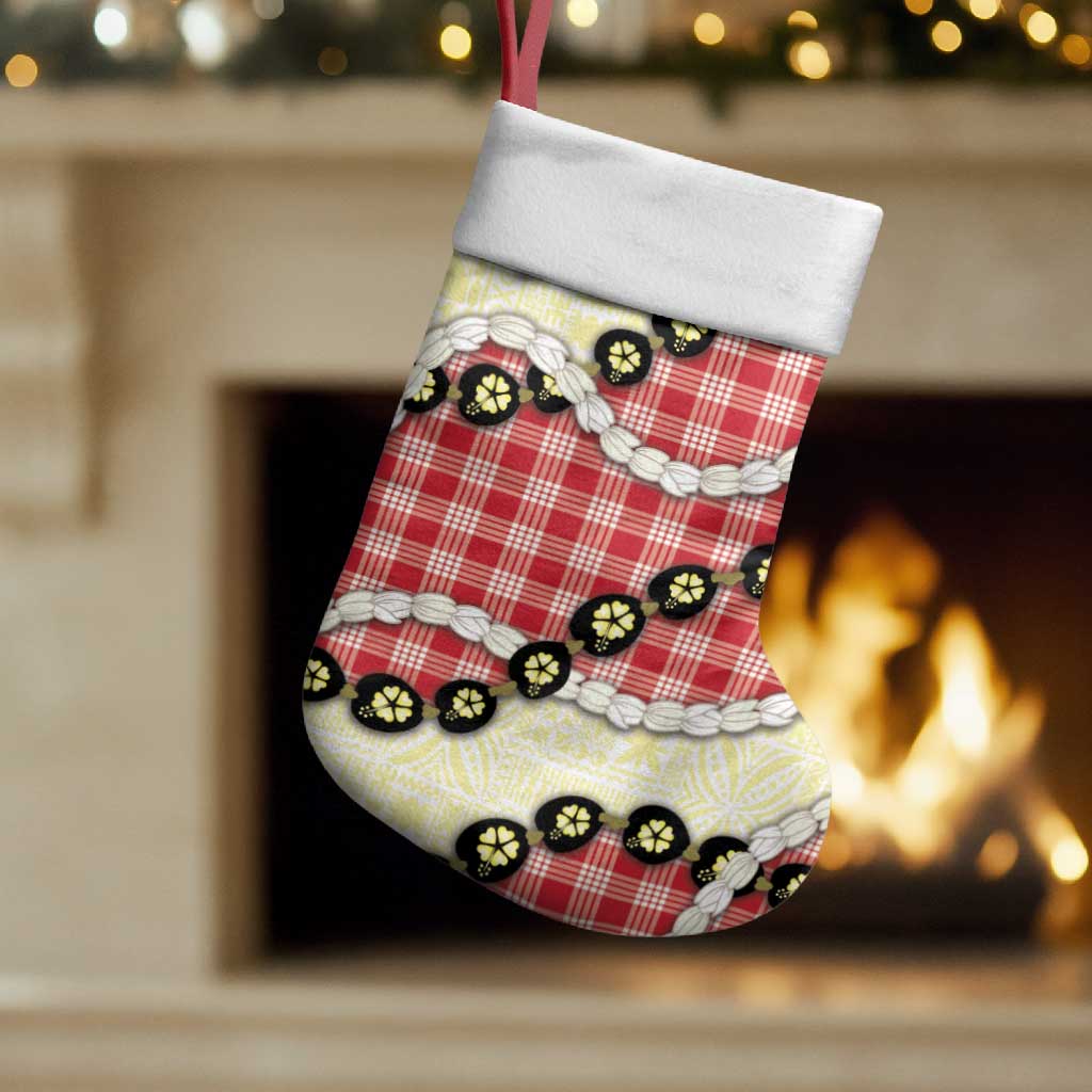 Red Palaka Hawaii Christmas Stocking Kukui Nut Pikake Lei Hawaiian Tapa Pattern - Polynesian Pride