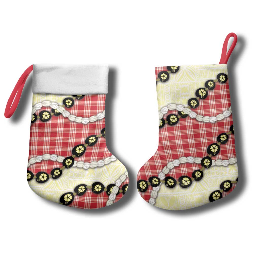 Red Palaka Hawaii Christmas Stocking Kukui Nut Pikake Lei Hawaiian Tapa Pattern - Polynesian Pride