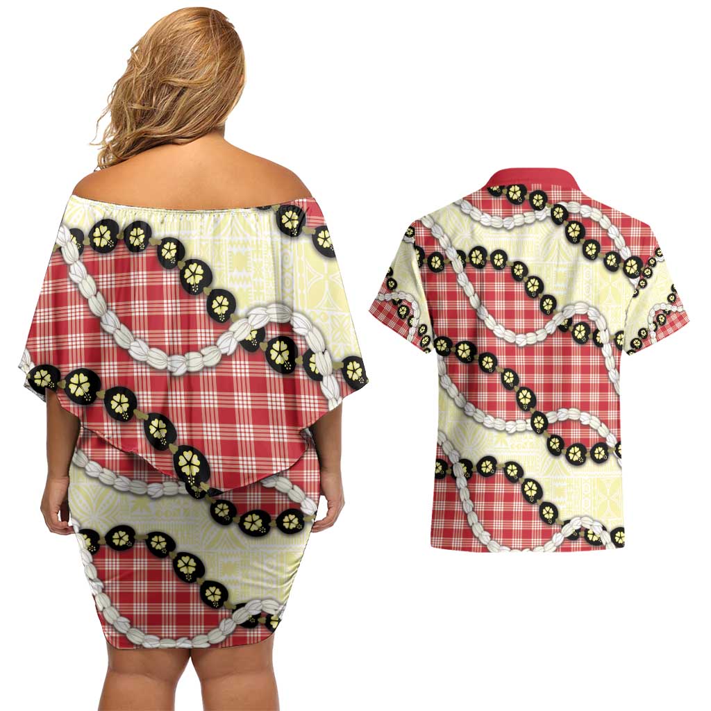Red Palaka Hawaii Couples Matching Off Shoulder Short Dress and Hawaiian Shirt Kukui Nut Pikake Lei Hawaiian Tapa Pattern - Polynesian Pride