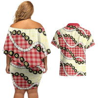Red Palaka Hawaii Couples Matching Off Shoulder Short Dress and Hawaiian Shirt Kukui Nut Pikake Lei Hawaiian Tapa Pattern - Polynesian Pride