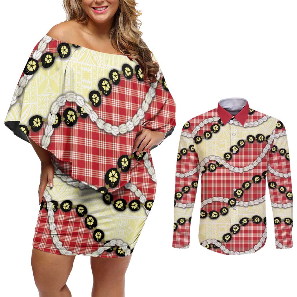 Red Palaka Hawaii Couples Matching Off Shoulder Short Dress and Long Sleeve Button Shirt Kukui Nut Pikake Lei Hawaiian Tapa Pattern - Polynesian Pride