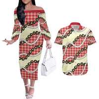 Red Palaka Hawaii Couples Matching Off The Shoulder Long Sleeve Dress and Hawaiian Shirt Kukui Nut Pikake Lei Hawaiian Tapa Pattern - Polynesian Pride
