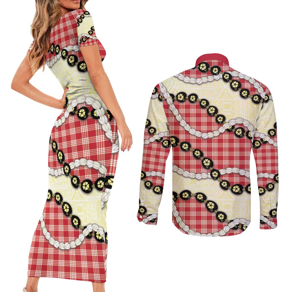 Red Palaka Hawaii Couples Matching Short Sleeve Bodycon Dress and Long Sleeve Button Shirt Kukui Nut Pikake Lei Hawaiian Tapa Pattern - Polynesian Pride
