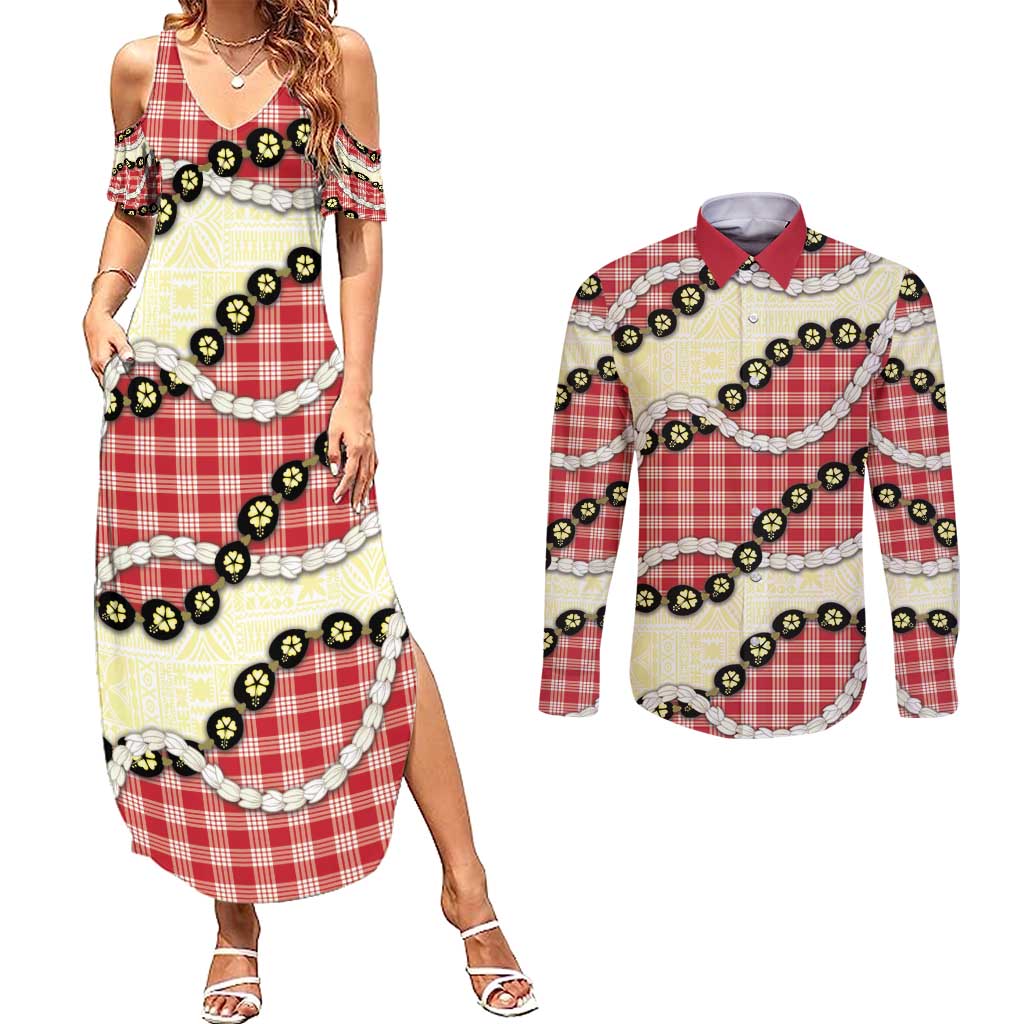 Red Palaka Hawaii Couples Matching Summer Maxi Dress and Long Sleeve Button Shirt Kukui Nut Pikake Lei Hawaiian Tapa Pattern - Polynesian Pride