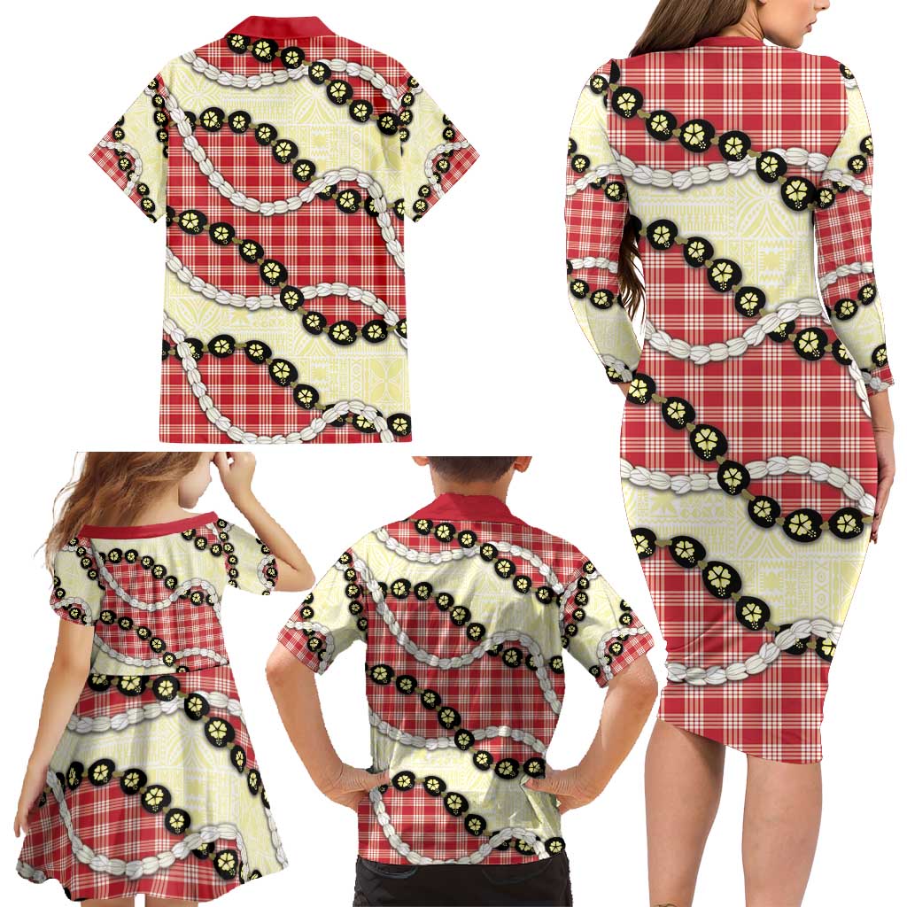 Red Palaka Hawaii Family Matching Long Sleeve Bodycon Dress and Hawaiian Shirt Kukui Nut Pikake Lei Hawaiian Tapa Pattern - Polynesian Pride
