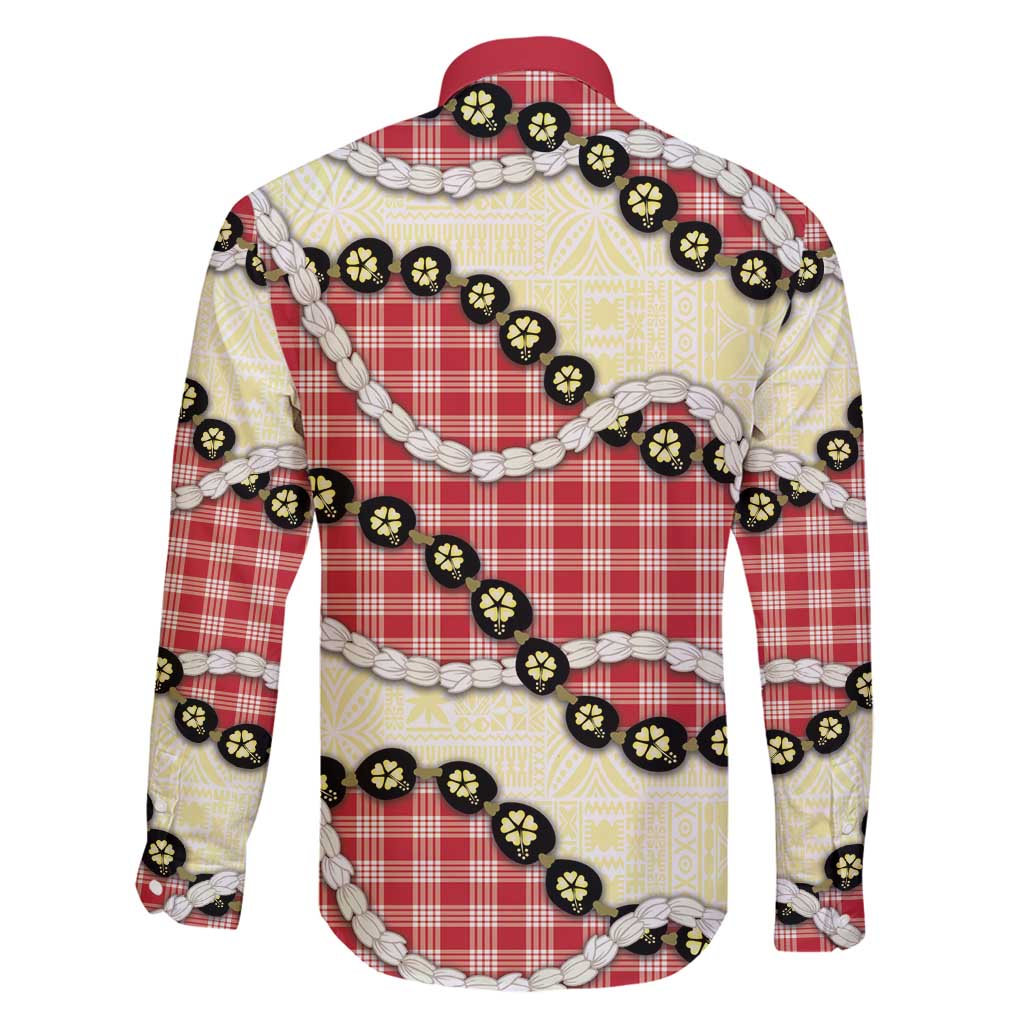 Red Palaka Hawaii Family Matching Long Sleeve Bodycon Dress and Hawaiian Shirt Kukui Nut Pikake Lei Hawaiian Tapa Pattern - Polynesian Pride