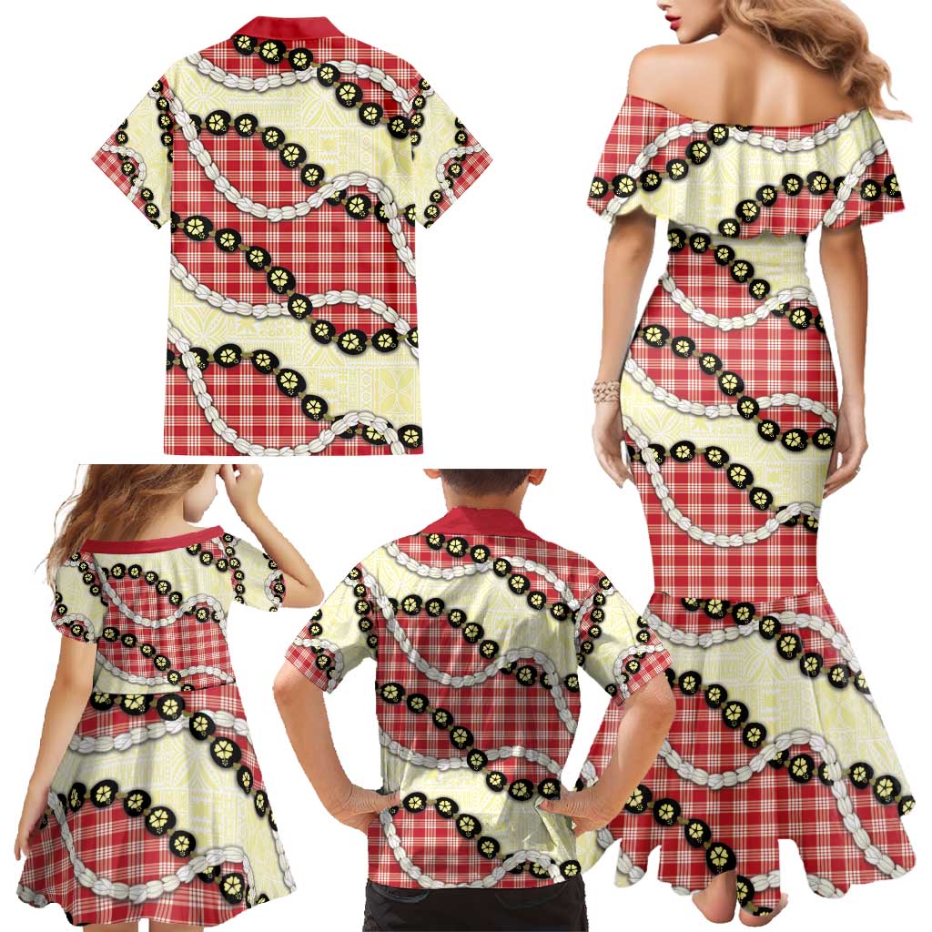 Red Palaka Hawaii Family Matching Mermaid Dress and Hawaiian Shirt Kukui Nut Pikake Lei Hawaiian Tapa Pattern - Polynesian Pride