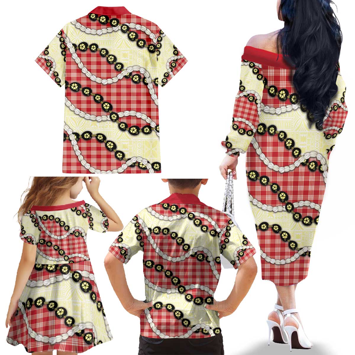 Red Palaka Hawaii Family Matching Off The Shoulder Long Sleeve Dress and Hawaiian Shirt Kukui Nut Pikake Lei Hawaiian Tapa Pattern - Polynesian Pride