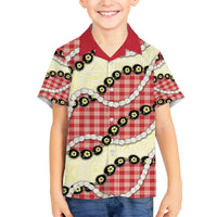 Red Palaka Hawaii Family Matching Off The Shoulder Long Sleeve Dress and Hawaiian Shirt Kukui Nut Pikake Lei Hawaiian Tapa Pattern - Polynesian Pride