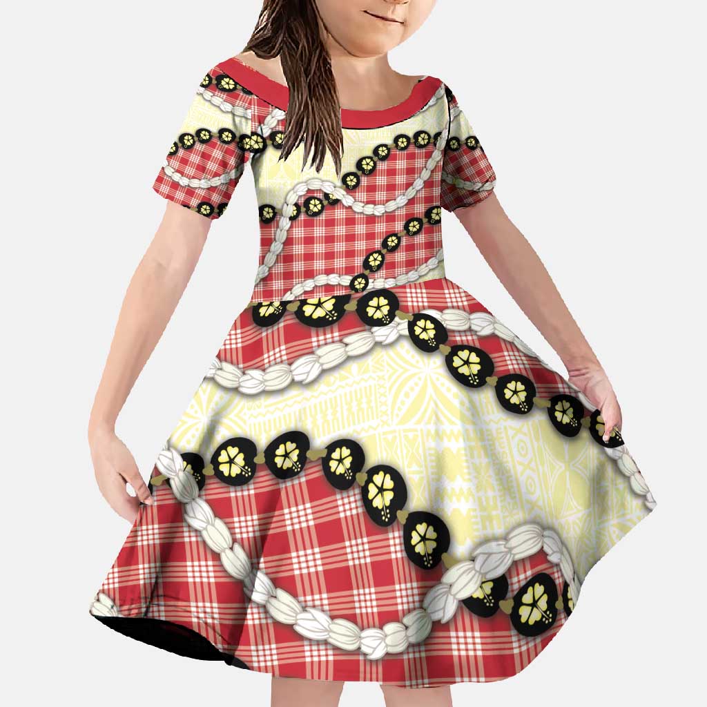 Red Palaka Hawaii Family Matching Off Shoulder Maxi Dress and Hawaiian Shirt Kukui Nut Pikake Lei Hawaiian Tapa Pattern - Polynesian Pride