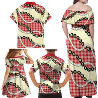 Red Palaka Hawaii Family Matching Off Shoulder Maxi Dress and Hawaiian Shirt Kukui Nut Pikake Lei Hawaiian Tapa Pattern - Polynesian Pride