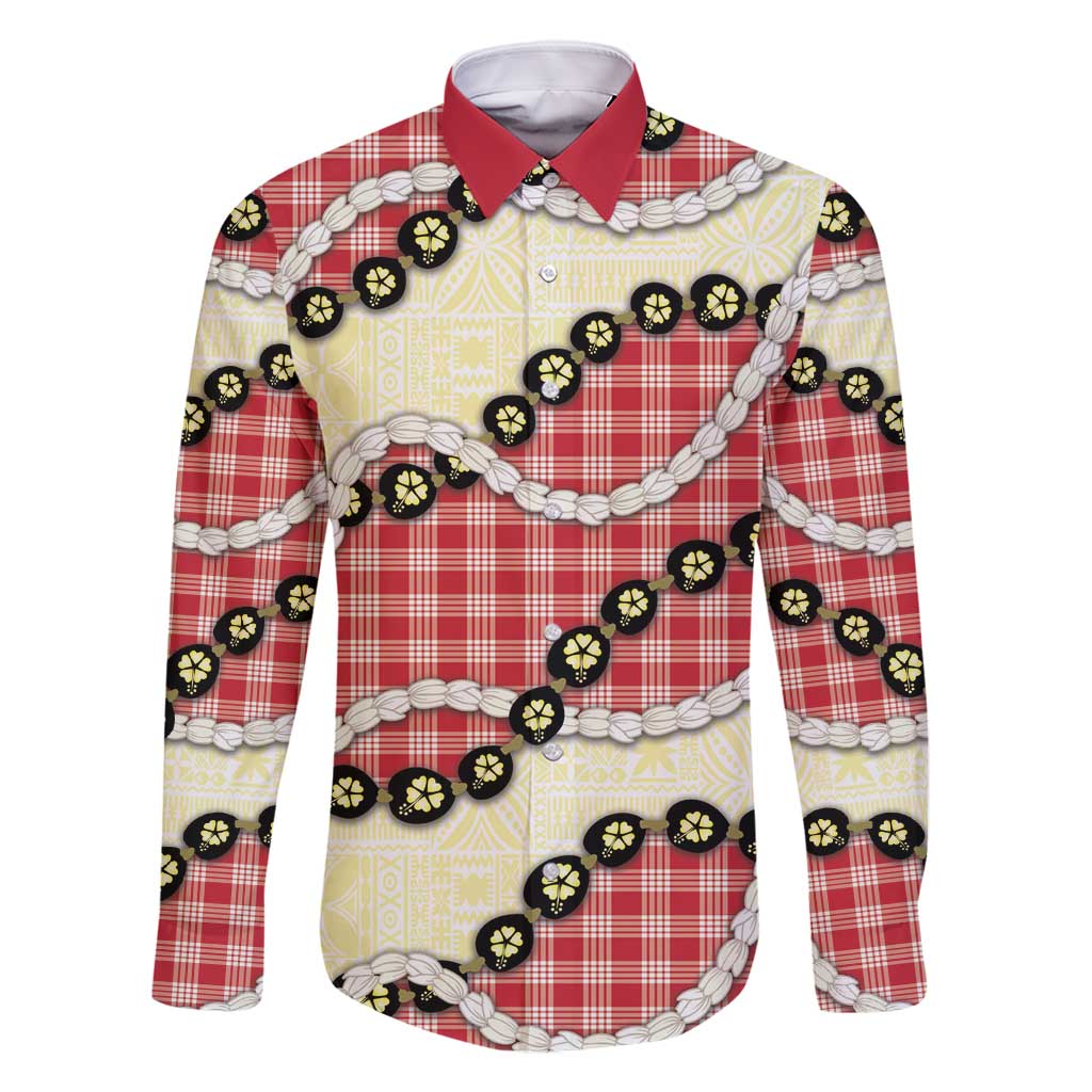 Red Palaka Hawaii Family Matching Off Shoulder Maxi Dress and Hawaiian Shirt Kukui Nut Pikake Lei Hawaiian Tapa Pattern - Polynesian Pride