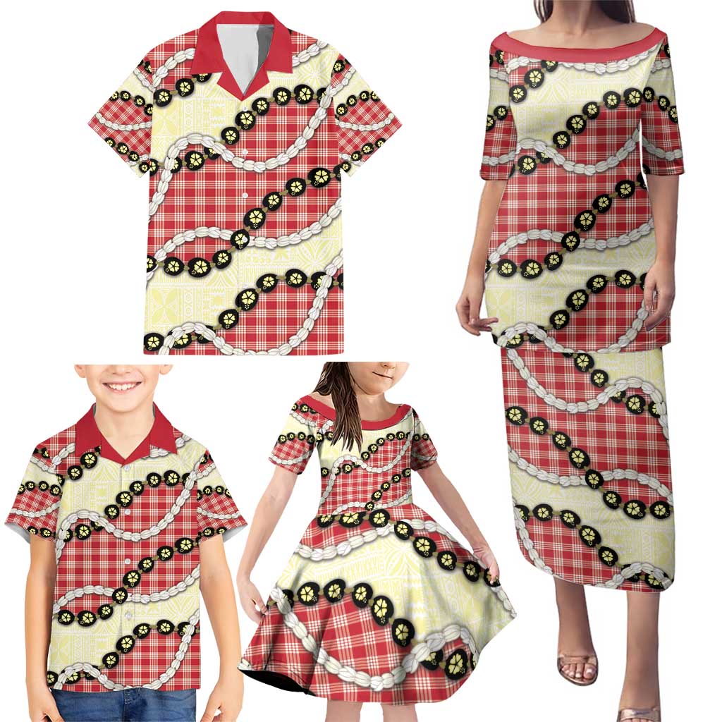 Red Palaka Hawaii Family Matching Puletasi and Hawaiian Shirt Kukui Nut Pikake Lei Hawaiian Tapa Pattern - Polynesian Pride