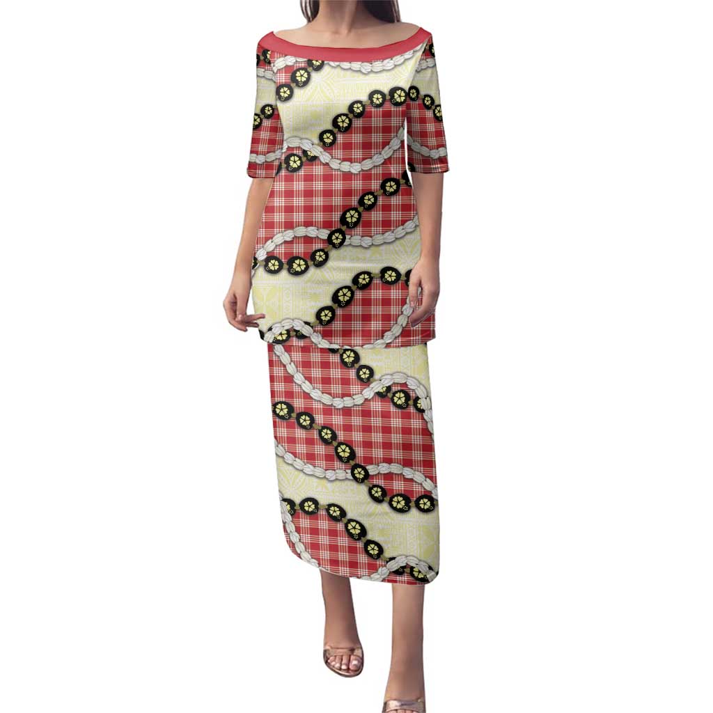 Red Palaka Hawaii Family Matching Puletasi and Hawaiian Shirt Kukui Nut Pikake Lei Hawaiian Tapa Pattern - Polynesian Pride