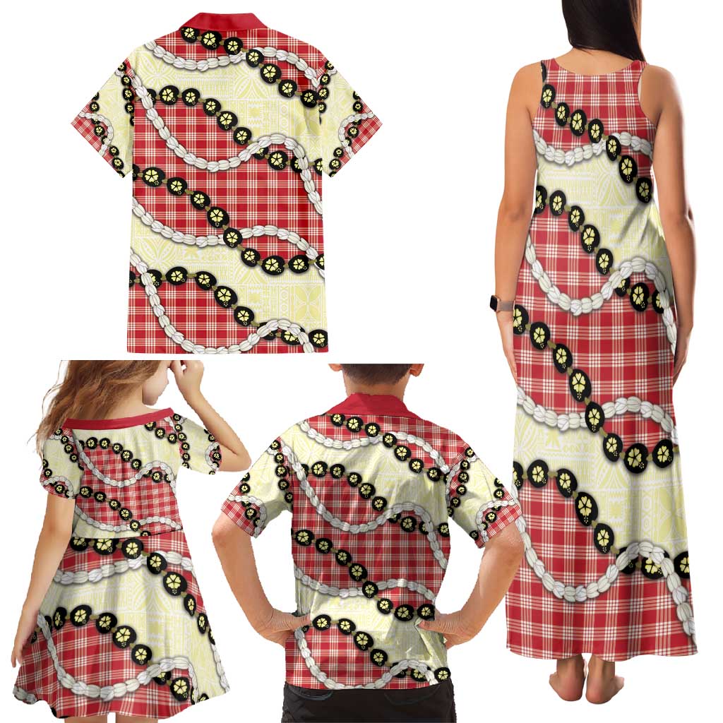 Red Palaka Hawaii Family Matching Tank Maxi Dress and Hawaiian Shirt Kukui Nut Pikake Lei Hawaiian Tapa Pattern - Polynesian Pride