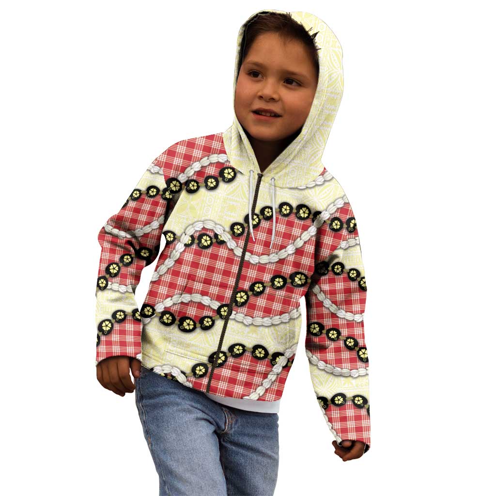 Red Palaka Hawaii Kid Hoodie Kukui Nut Pikake Lei Hawaiian Tapa Pattern - Polynesian Pride