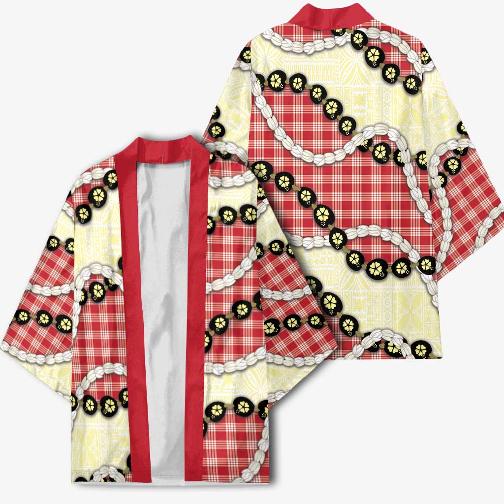Red Palaka Hawaii Kimono Kukui Nut Pikake Lei Hawaiian Tapa Pattern - Polynesian Pride