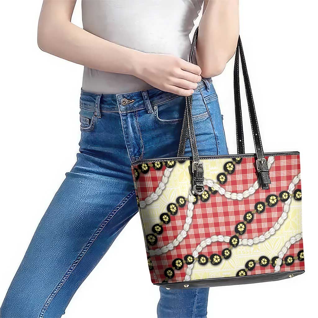 Red Palaka Hawaii Leather Tote Bag Kukui Nut Pikake Lei Hawaiian Tapa Pattern - Polynesian Pride
