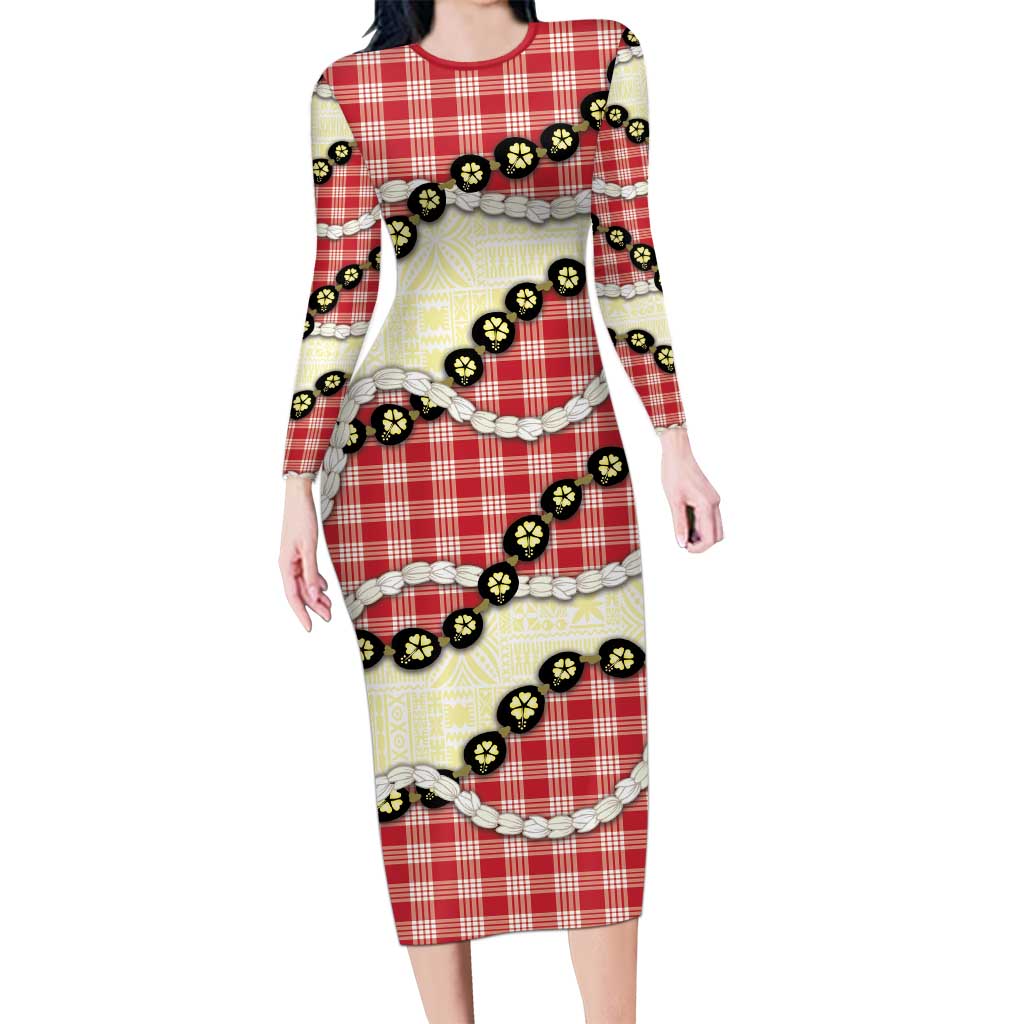 Red Palaka Hawaii Long Sleeve Bodycon Dress Kukui Nut Pikake Lei Hawaiian Tapa Pattern - Polynesian Pride