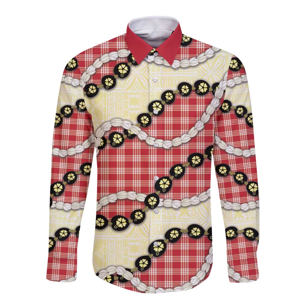 Red Palaka Hawaii Long Sleeve Button Shirt Kukui Nut Pikake Lei Hawaiian Tapa Pattern - Polynesian Pride