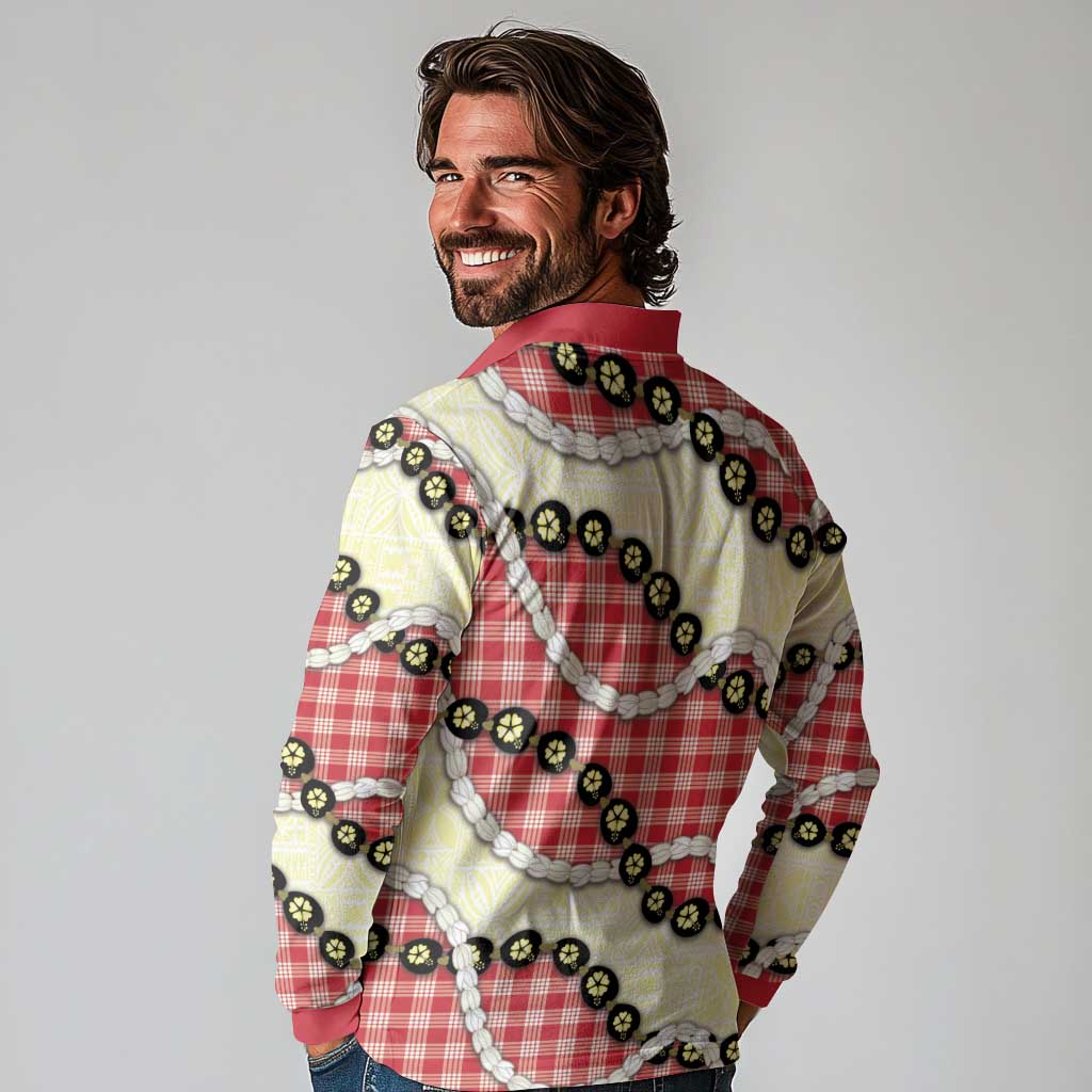 Red Palaka Hawaii Long Sleeve Polo Shirt Kukui Nut Pikake Lei Hawaiian Tapa Pattern - Polynesian Pride