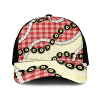 Red Palaka Hawaii Mesh Trucker Cap Kukui Nut Pikake Lei Hawaiian Tapa Pattern - Polynesian Pride