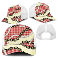 Red Palaka Hawaii Mesh Trucker Cap Kukui Nut Pikake Lei Hawaiian Tapa Pattern - Polynesian Pride