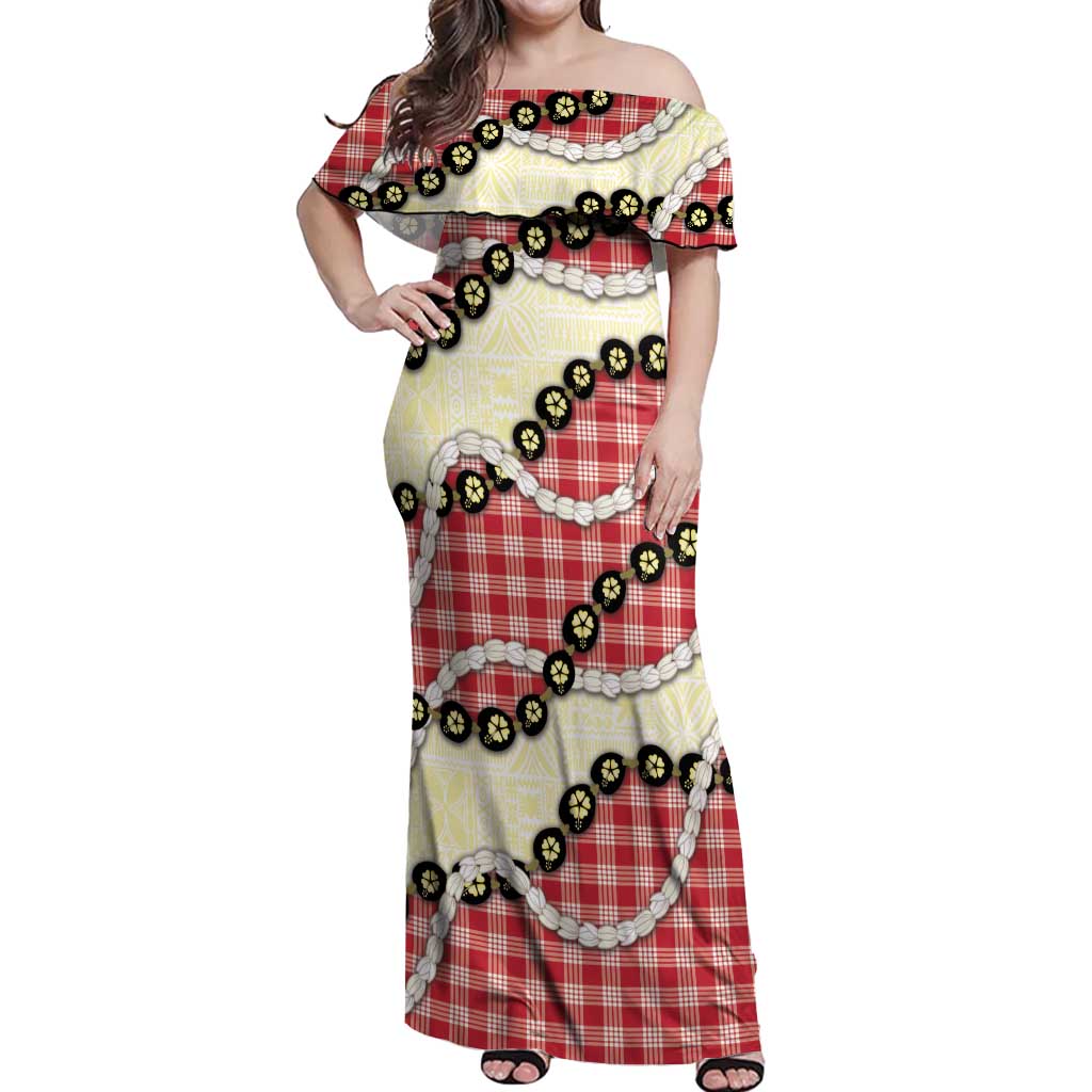 Red Palaka Hawaii Off Shoulder Maxi Dress Kukui Nut Pikake Lei Hawaiian Tapa Pattern - Polynesian Pride