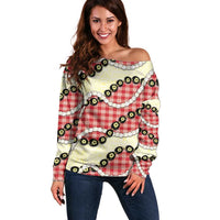 Red Palaka Hawaii Off Shoulder Sweater Kukui Nut Pikake Lei Hawaiian Tapa Pattern - Polynesian Pride