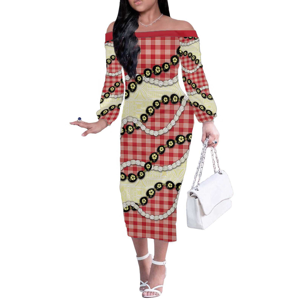 Red Palaka Hawaii Off The Shoulder Long Sleeve Dress Kukui Nut Pikake Lei Hawaiian Tapa Pattern - Polynesian Pride