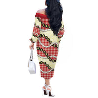 Red Palaka Hawaii Off The Shoulder Long Sleeve Dress Kukui Nut Pikake Lei Hawaiian Tapa Pattern - Polynesian Pride