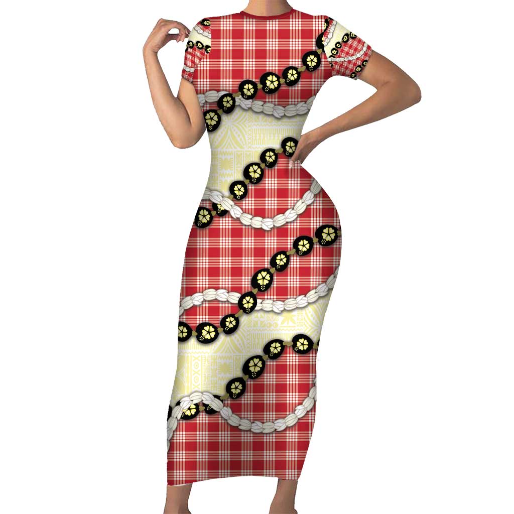 Red Palaka Hawaii Short Sleeve Bodycon Dress Kukui Nut Pikake Lei Hawaiian Tapa Pattern - Polynesian Pride