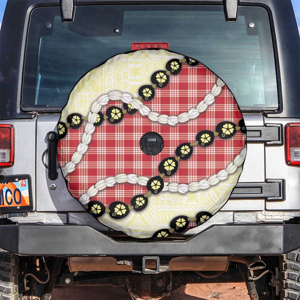 Red Palaka Hawaii Spare Tire Cover Kukui Nut Pikake Lei Hawaiian Tapa Pattern - Polynesian Pride