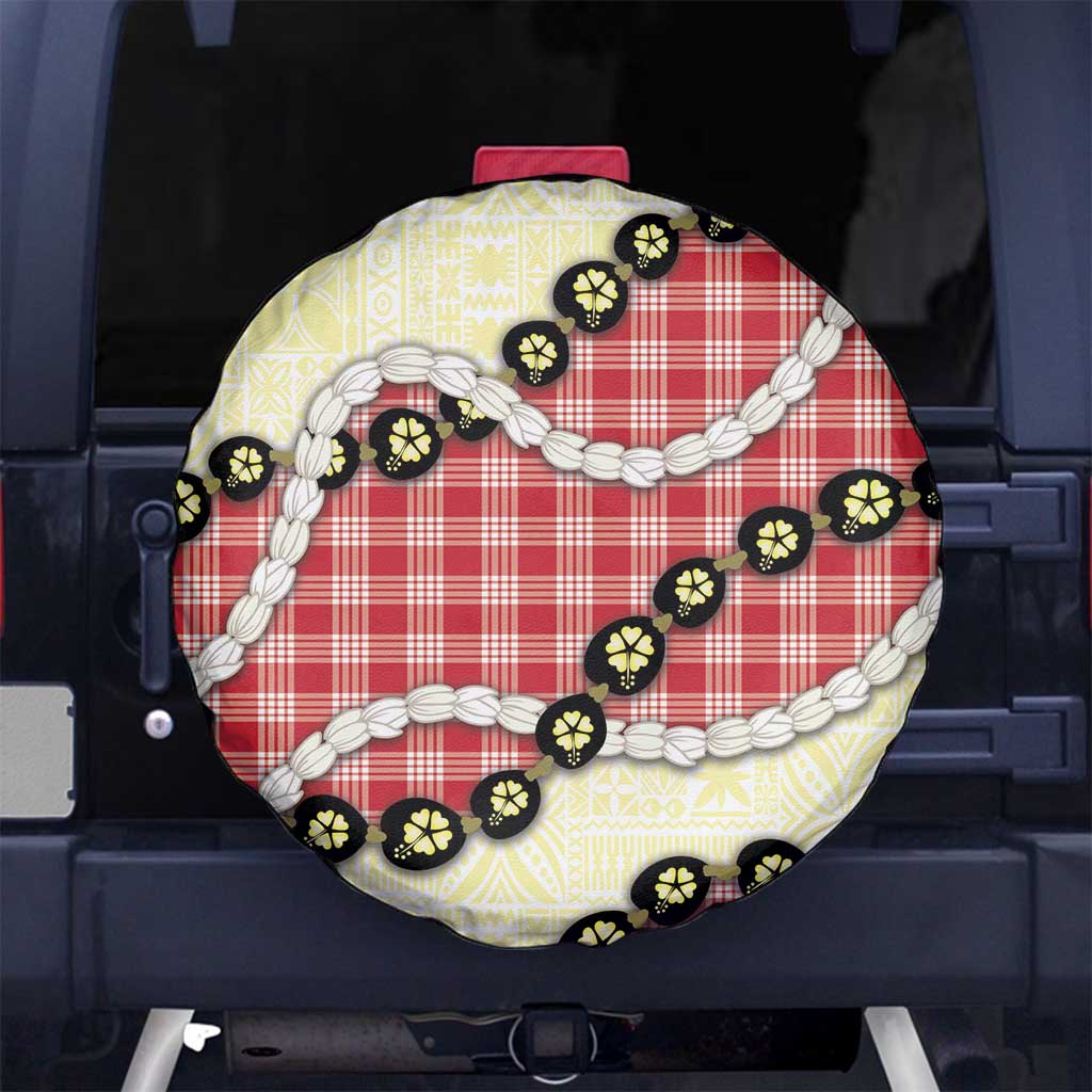 Red Palaka Hawaii Spare Tire Cover Kukui Nut Pikake Lei Hawaiian Tapa Pattern - Polynesian Pride